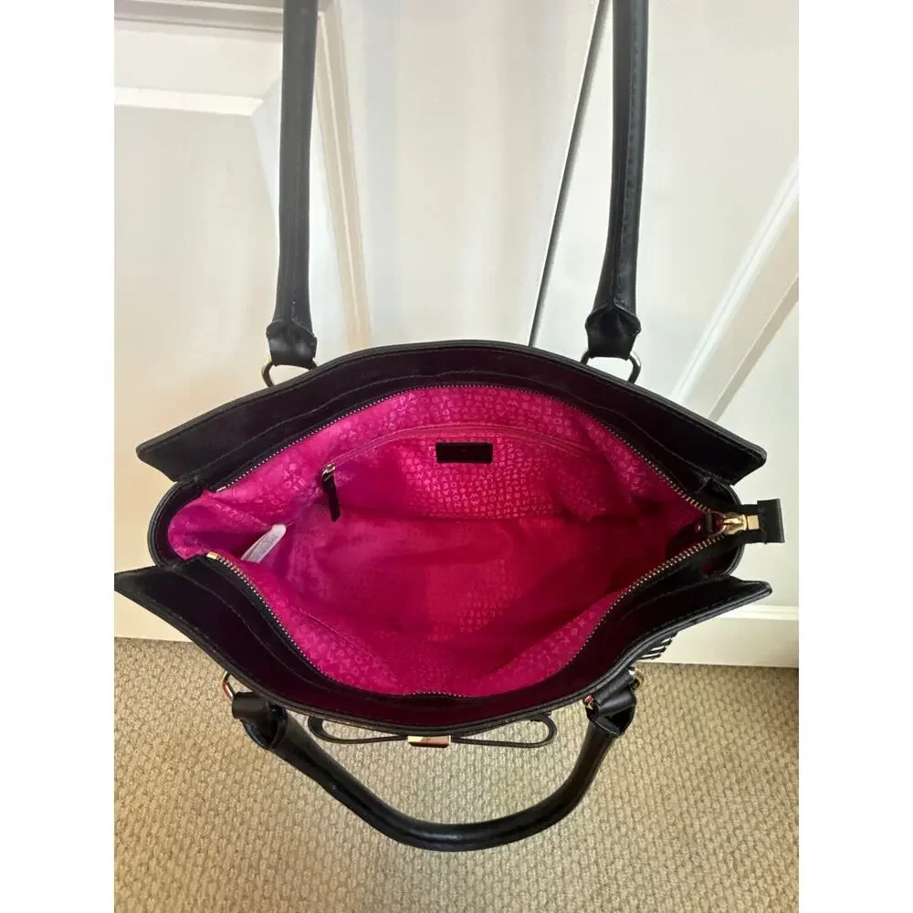 Kate Spade Black Leather with Black and White Striped Shoulder Tote Bag